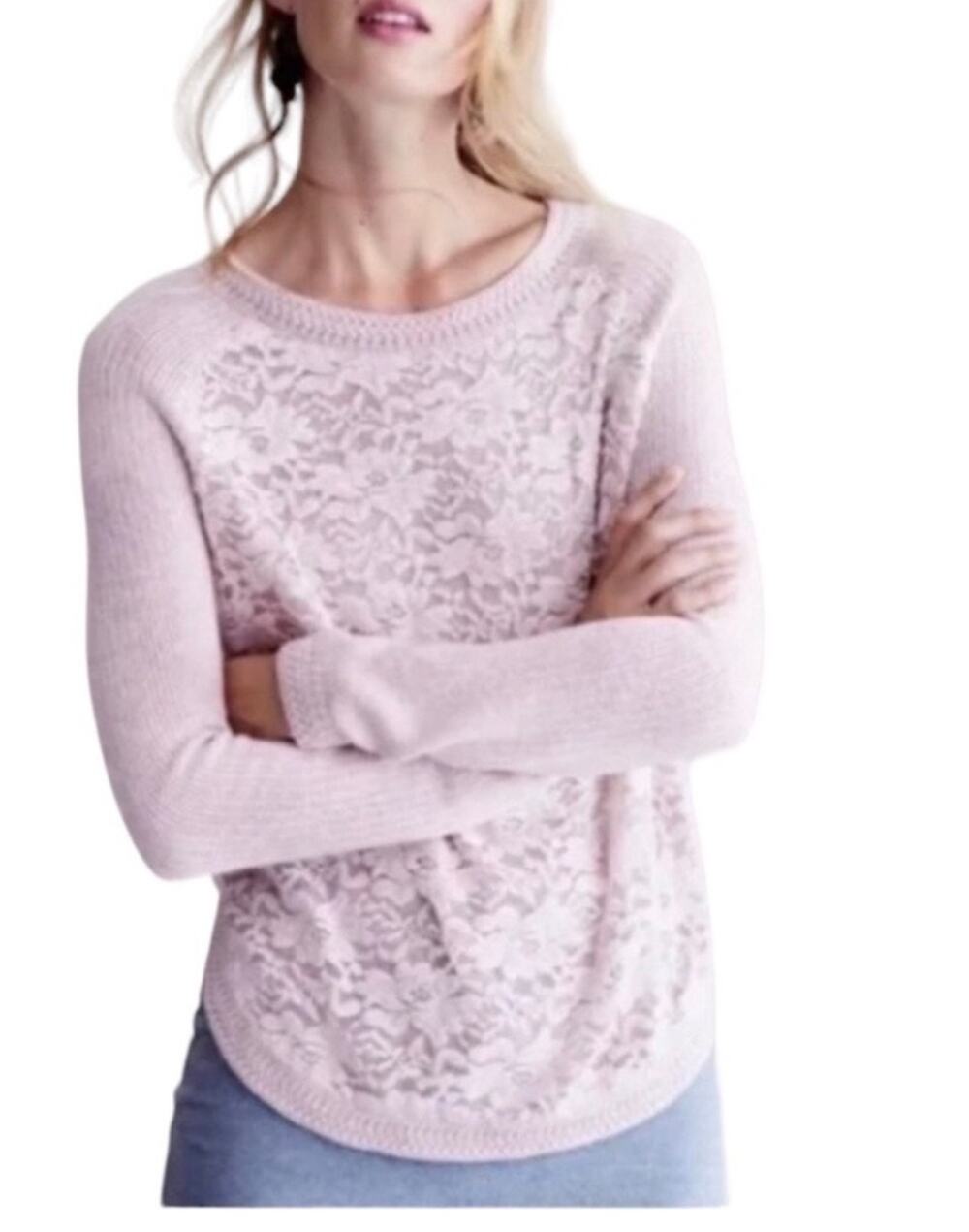 Anthropologie Knitted & Knotted Lace Panel Sweater Pale Pink M